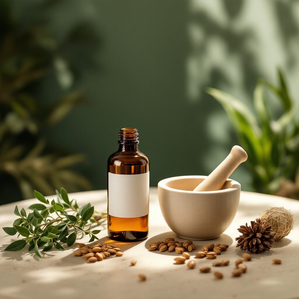 Amber apothecary bottle, ceramic mortar and pestle, and fresh botanicals in soft daylight